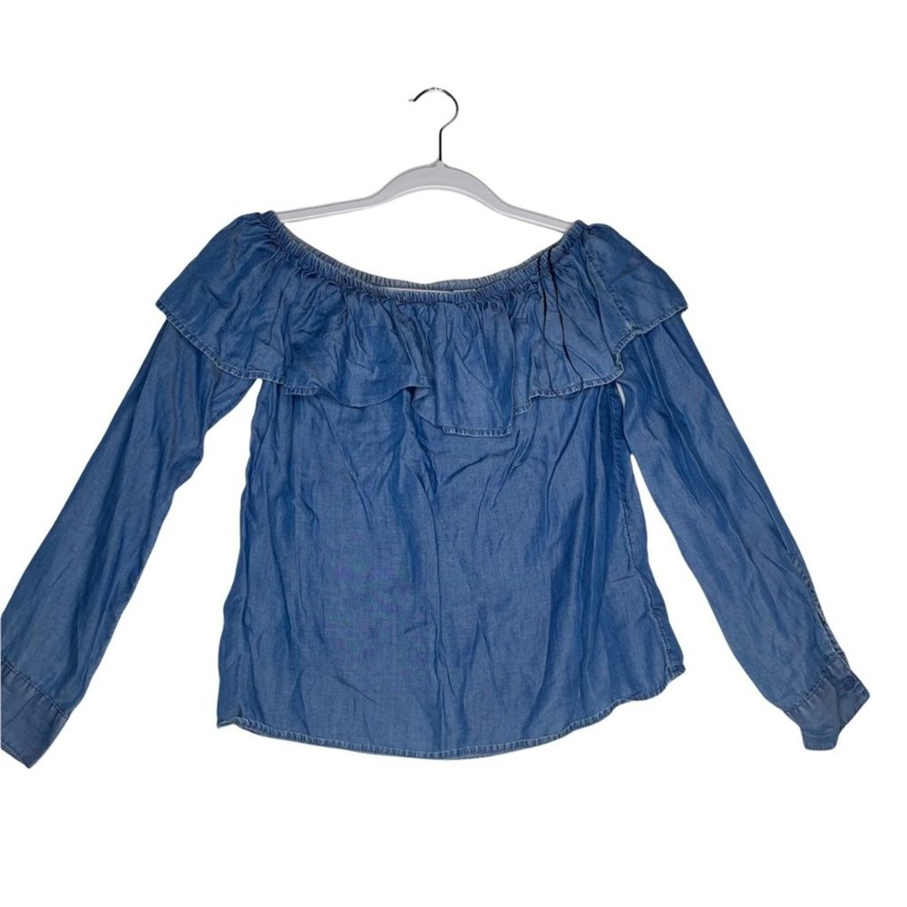 HM Divided Blue Chambray Off The Shoulder Ruffle Blouse Lyocell Size 2